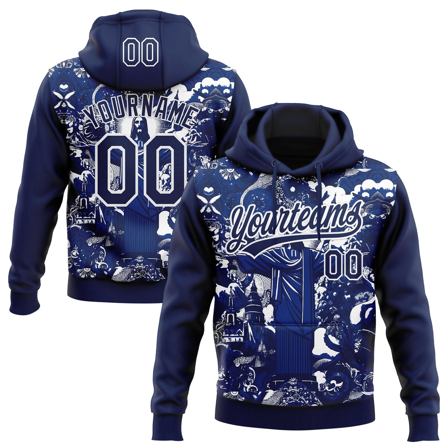 Custom Stitched Navy Royal-White Religion Jesus Christ Pullover Sweatshirt Hoodie - Main View