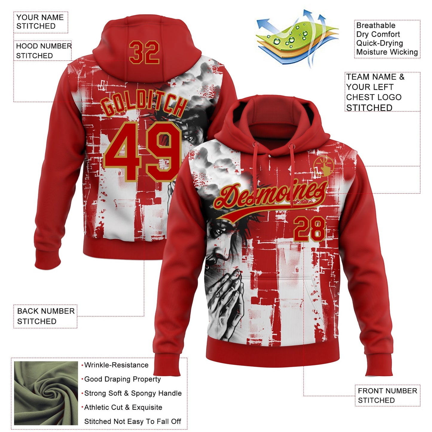Custom Stitched Red Old Gold Black-White Religion Jesus Christ Pullover Sweatshirt Hoodie view 4