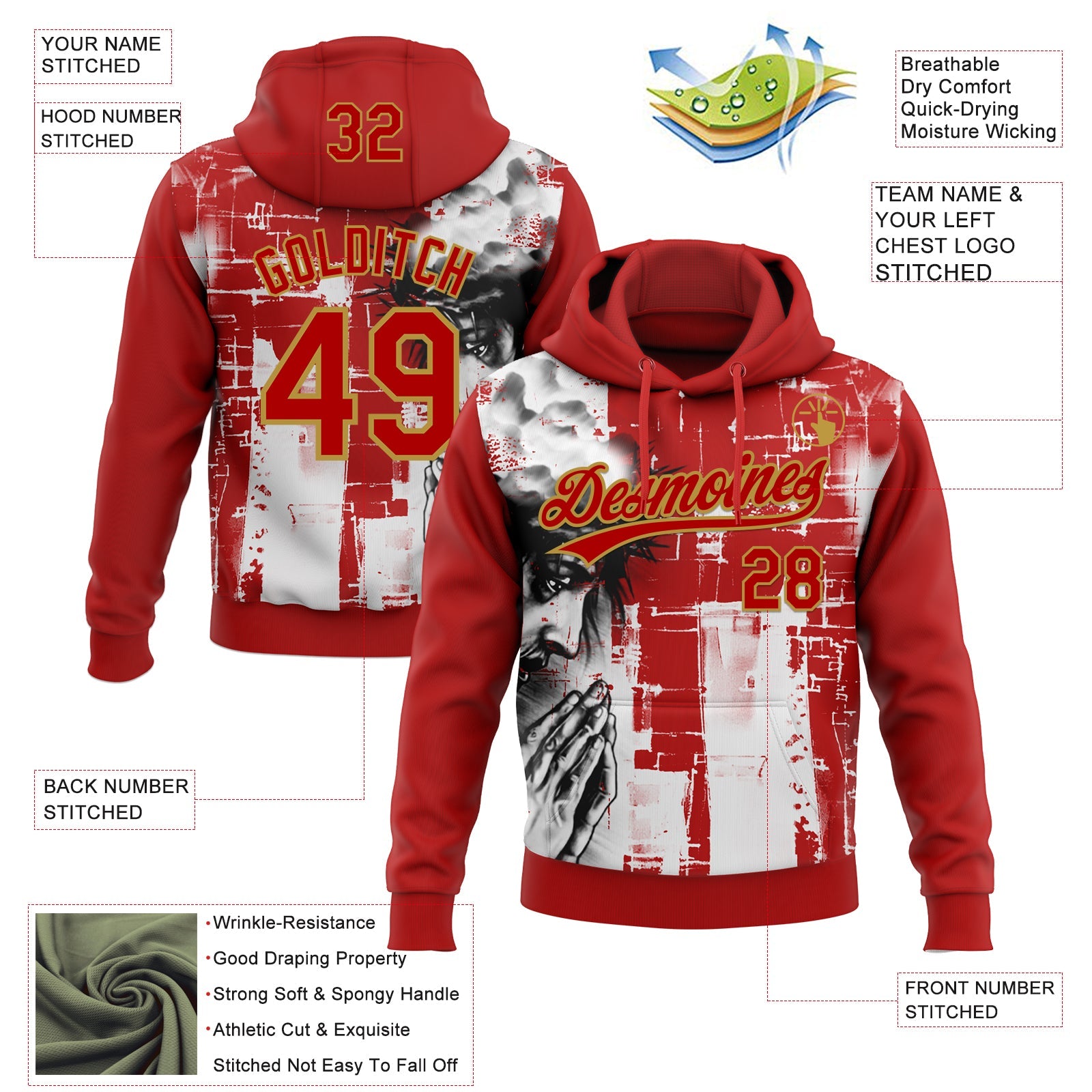 Custom Stitched Red Old Gold Black-White Religion Jesus Christ Pullover Sweatshirt Hoodie view 4