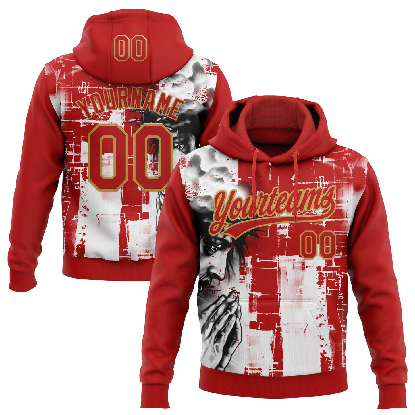 Custom Stitched Red Old Gold Black-White Religion Jesus Christ Pullover Sweatshirt Hoodie - Main View