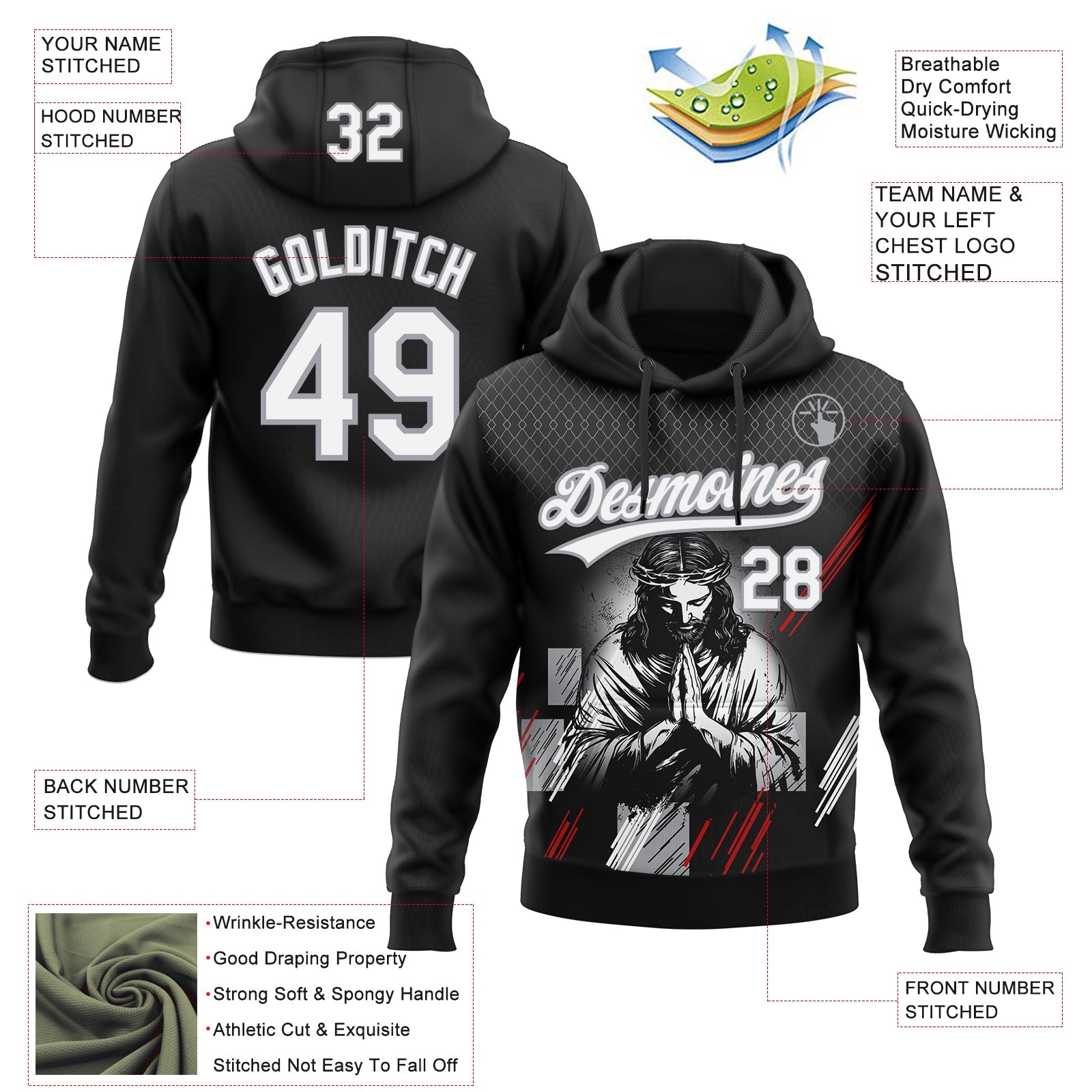 Custom Stitched Black White Gray-Red Religion Jesus Christ Pullover Sweatshirt Hoodie view 4