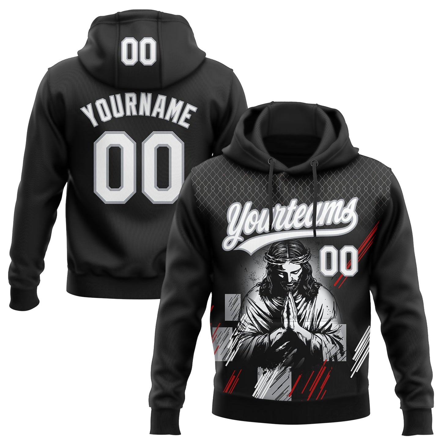 Custom Stitched Black White Gray-Red Religion Jesus Christ Pullover Sweatshirt Hoodie - Main View