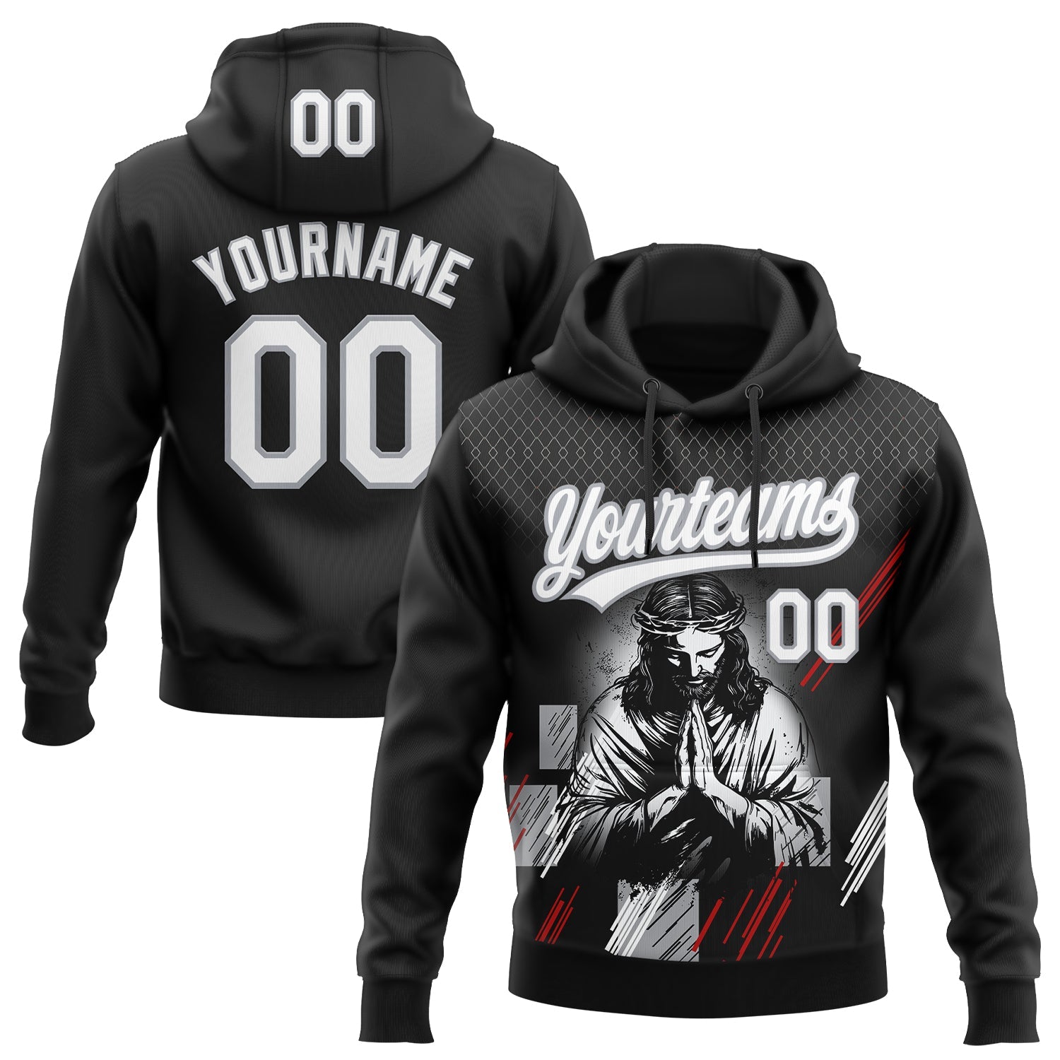 Custom Stitched Black White Gray-Red Religion Jesus Christ Pullover Sweatshirt Hoodie - Main View