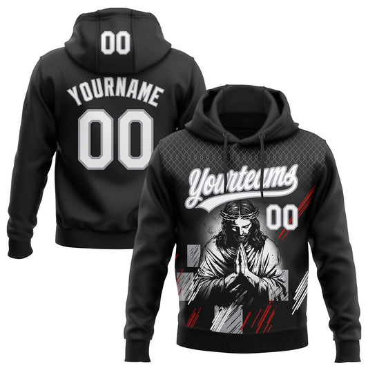 Custom Stitched Black White Gray-Red Religion Jesus Christ Pullover Sweatshirt Hoodie - Main View