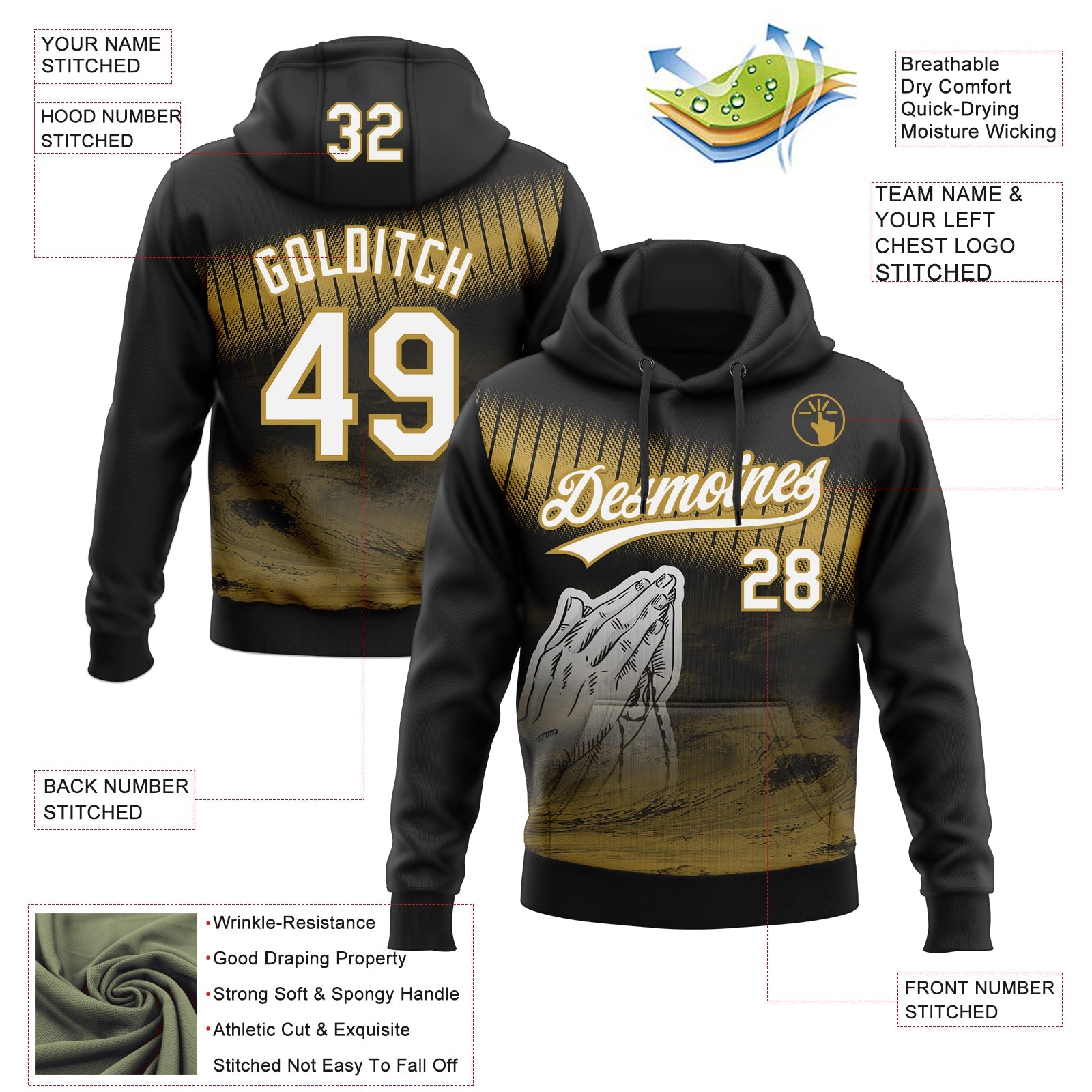Custom Stitched Black White-Old Gold Religion Praying Hands Pullover Sweatshirt Hoodie view 4