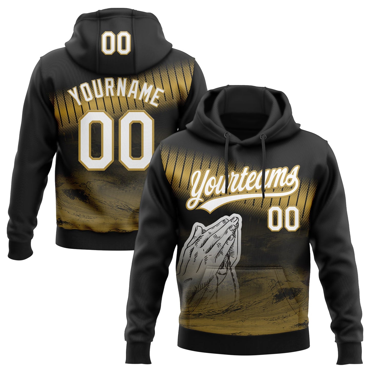 Custom Stitched Black White-Old Gold Religion Praying Hands Pullover Sweatshirt Hoodie - Main View