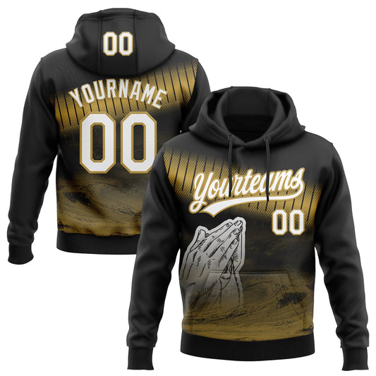 Custom Stitched Black White-Old Gold Religion Praying Hands Pullover Sweatshirt Hoodie - Main View