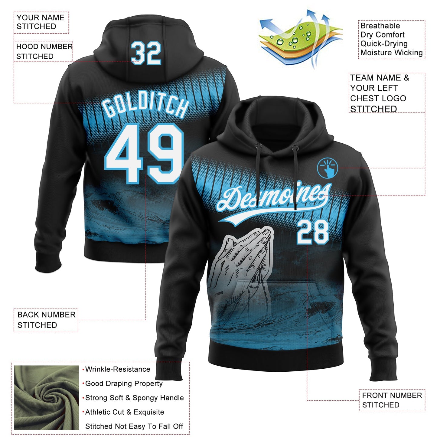 Custom Stitched Black White-Sky Blue Religion Praying Hands Pullover Sweatshirt Hoodie view 4