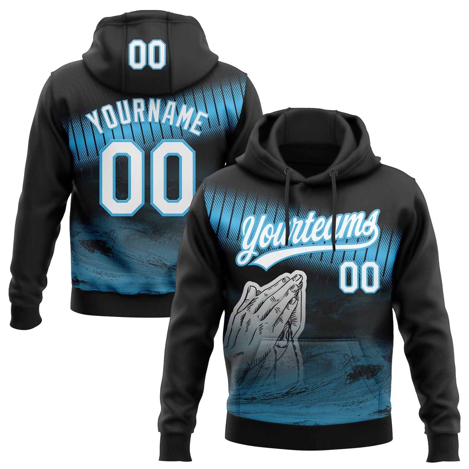 Custom Stitched Black White-Sky Blue Religion Praying Hands Pullover Sweatshirt Hoodie - Main View