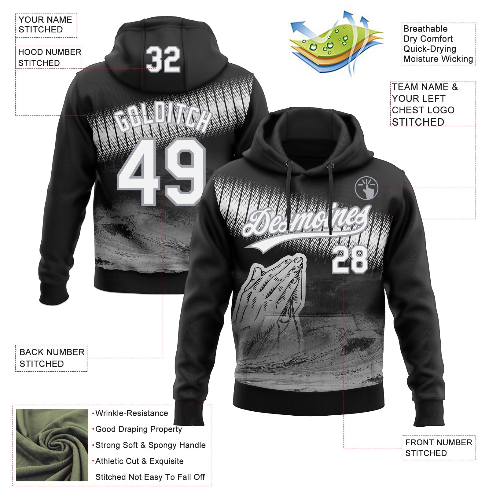 Custom Stitched Black White-Gray Religion Praying Hands Pullover Sweatshirt Hoodie view 4