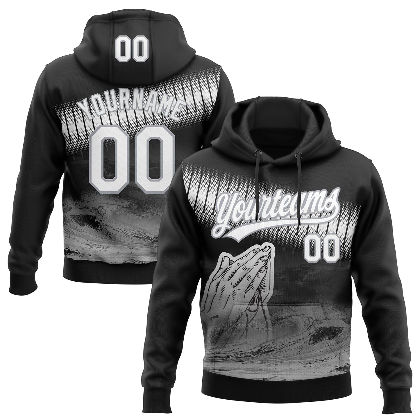 Custom Stitched Black White-Gray Religion Praying Hands Pullover Sweatshirt Hoodie - Main View