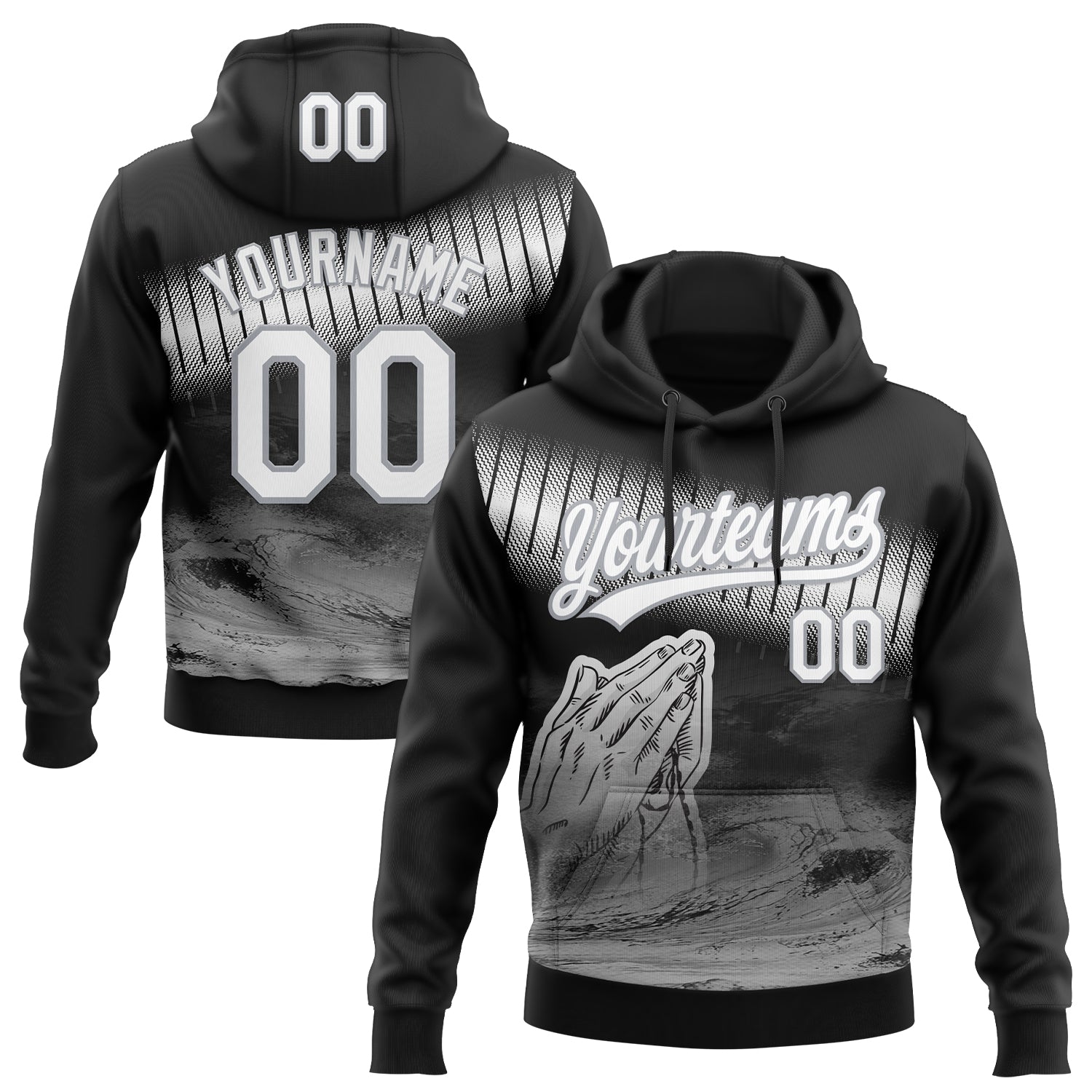 Custom Stitched Black White-Gray Religion Praying Hands Pullover Sweatshirt Hoodie - Main View