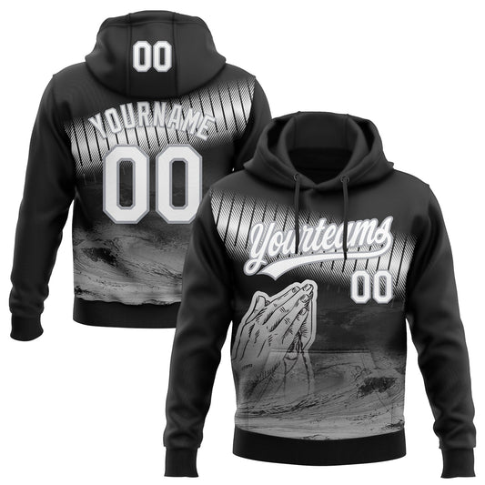Custom Stitched Black White-Gray Religion Praying Hands Pullover Sweatshirt Hoodie - Main View