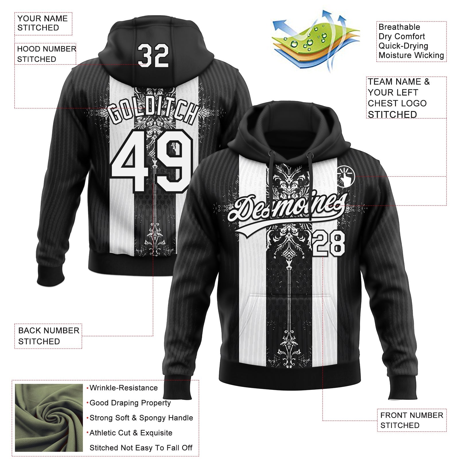 Custom Stitched Black White Retro Medieval Pullover Sweatshirt Hoodie view 4