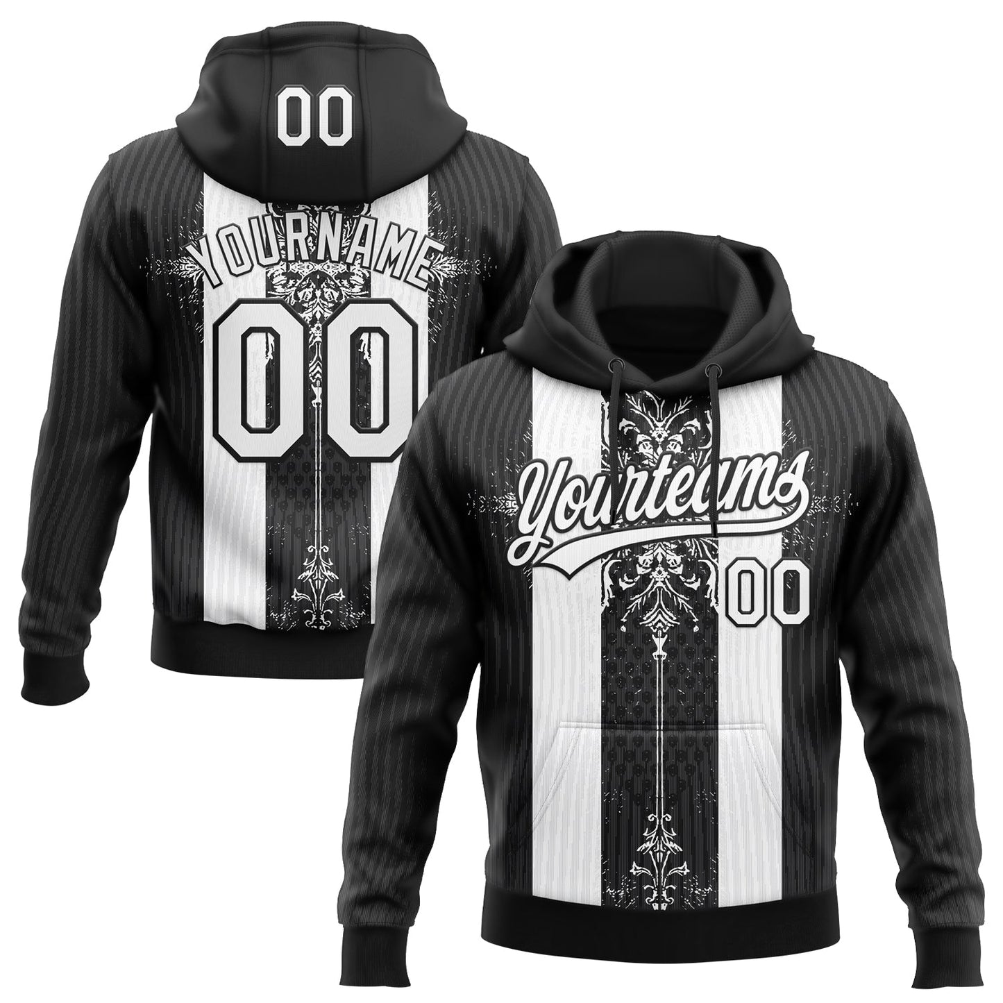 Custom Stitched Black White Retro Medieval Pullover Sweatshirt Hoodie - Main View