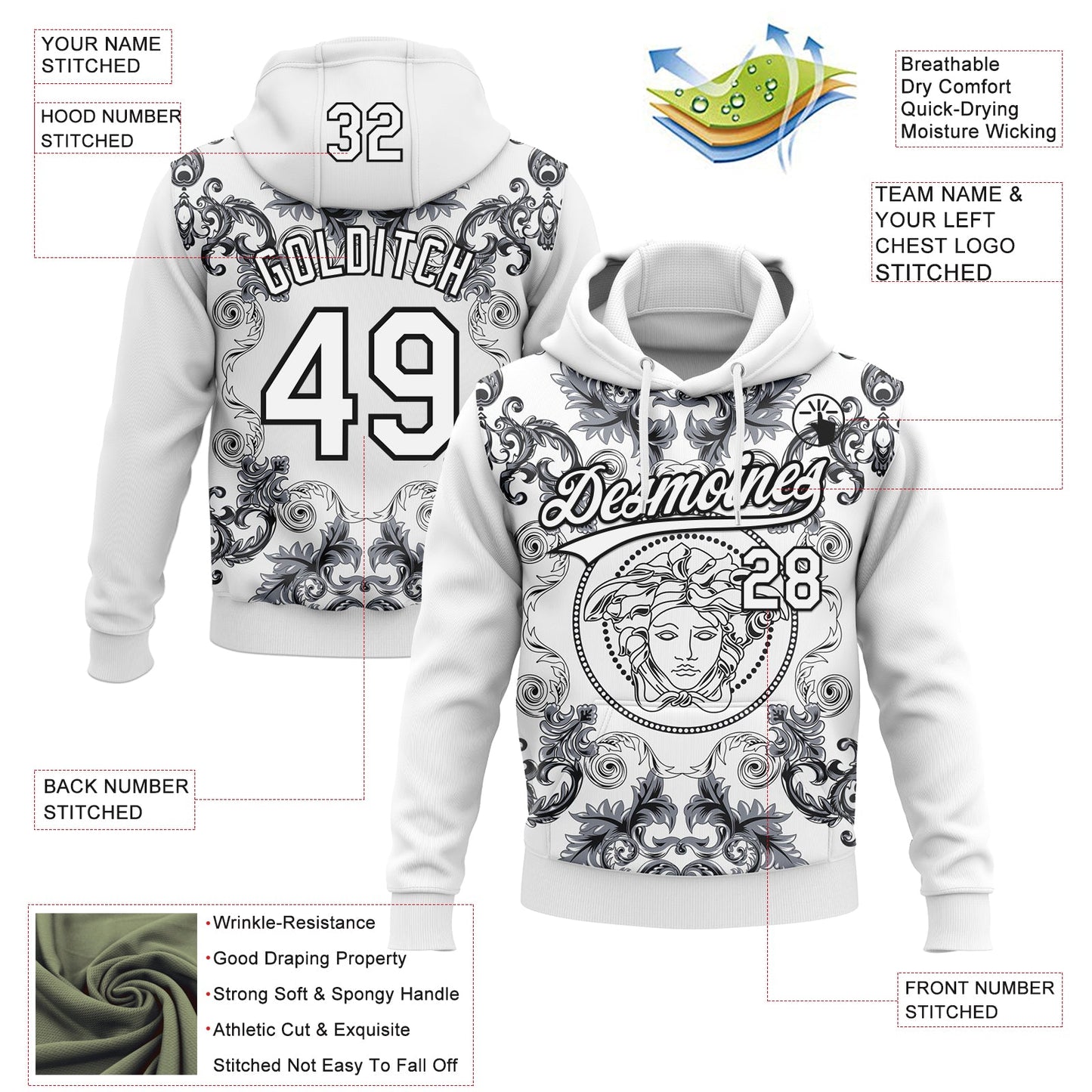 Custom Stitched White Black Medusa Pullover Sweatshirt Hoodie view 4