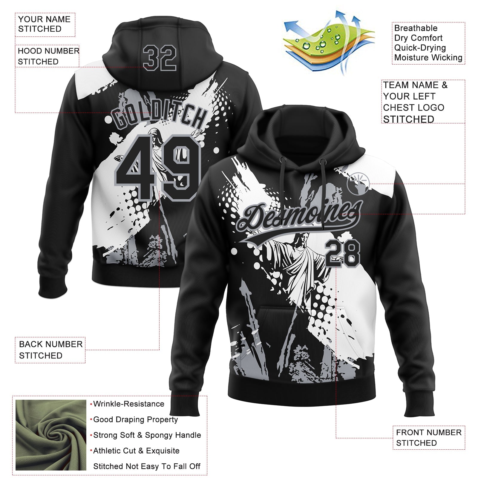 Custom Stitched Black White-Gray Religion Jesus Christ Pullover Sweatshirt Hoodie view 4