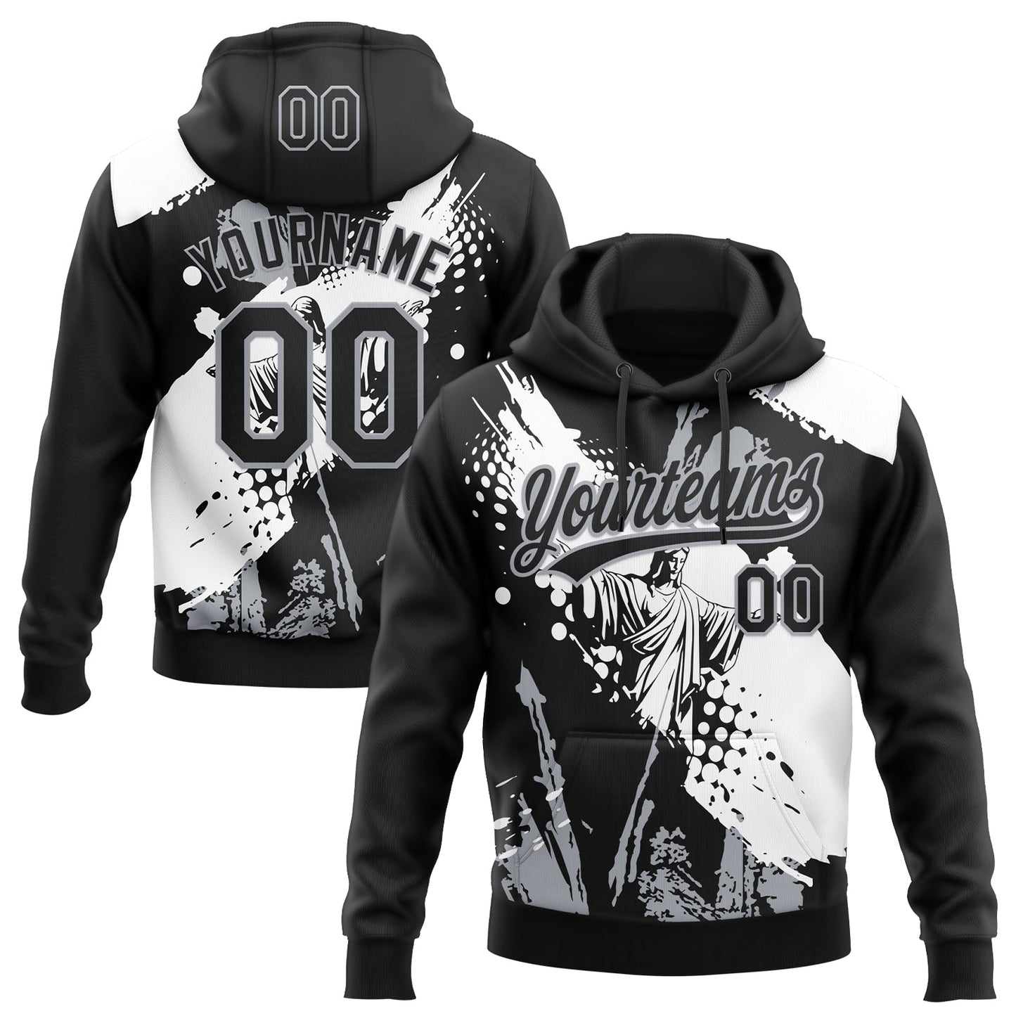 Custom Stitched Black White-Gray Religion Jesus Christ Pullover Sweatshirt Hoodie - Main View