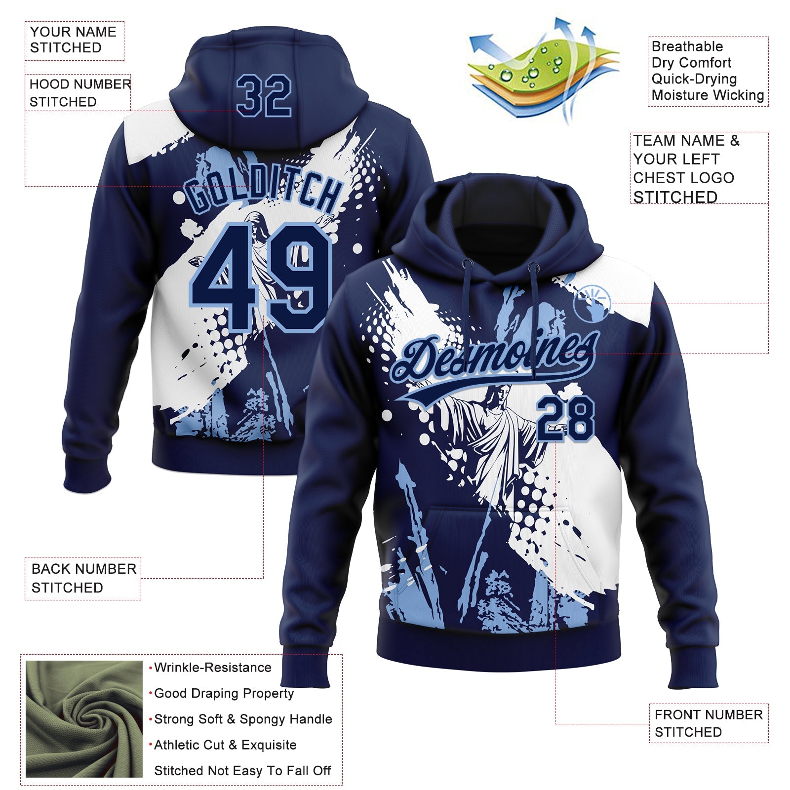 Custom Stitched Navy Light Blue-White Religion Jesus Christ Pullover Sweatshirt Hoodie view 4