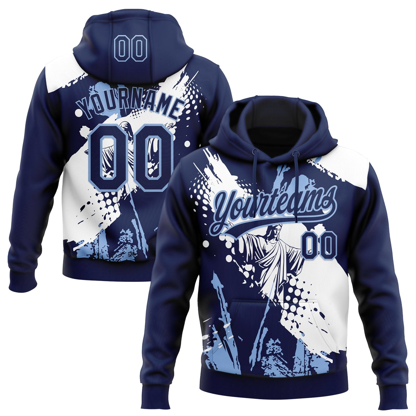 Custom Stitched Navy Light Blue-White Religion Jesus Christ Pullover Sweatshirt Hoodie - Main View