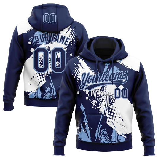 Custom Stitched Navy Light Blue-White Religion Jesus Christ Pullover Sweatshirt Hoodie - Main View
