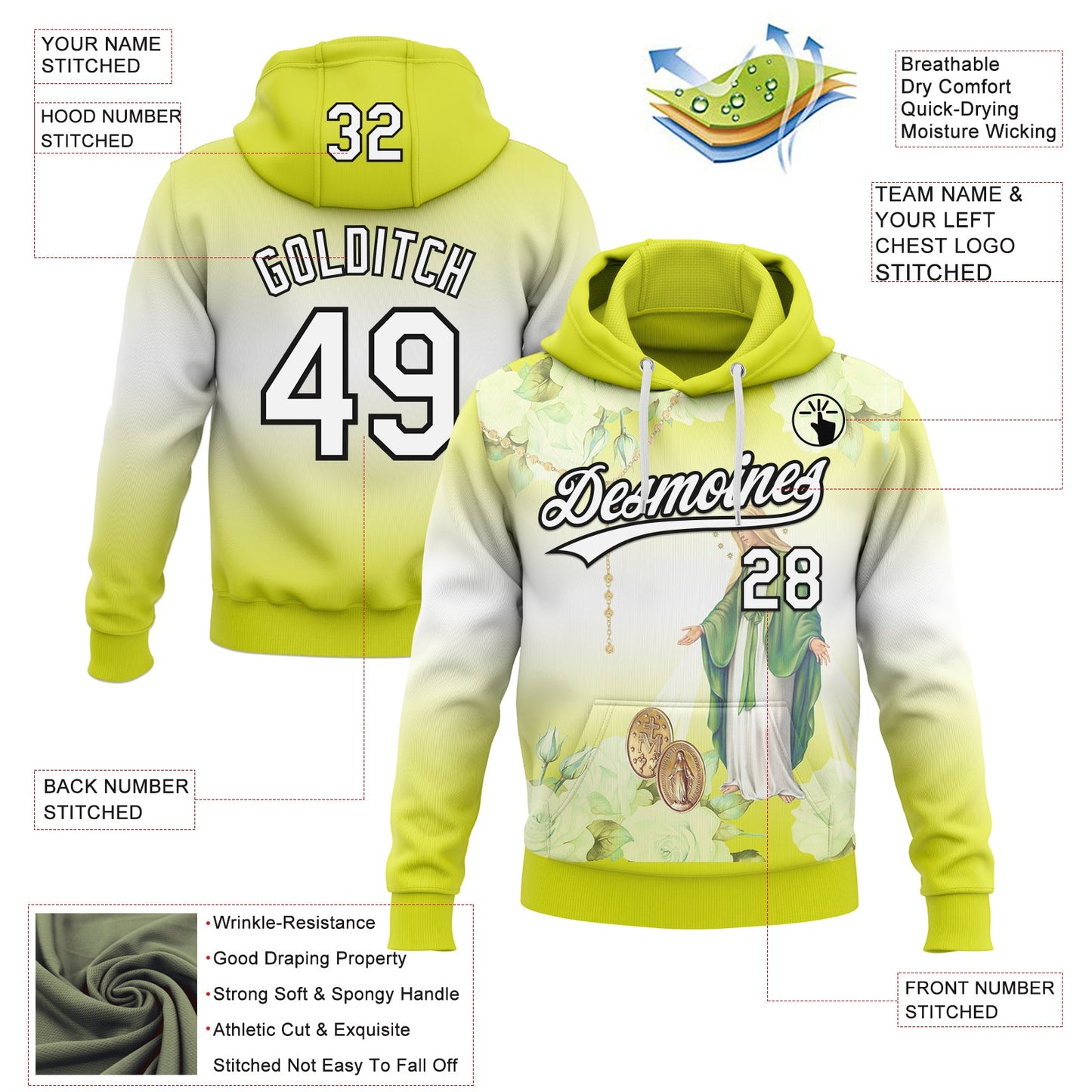 Custom Stitched Neon Yellow White-Black Religion The Virgin Mary Pullover Sweatshirt Hoodie view 4