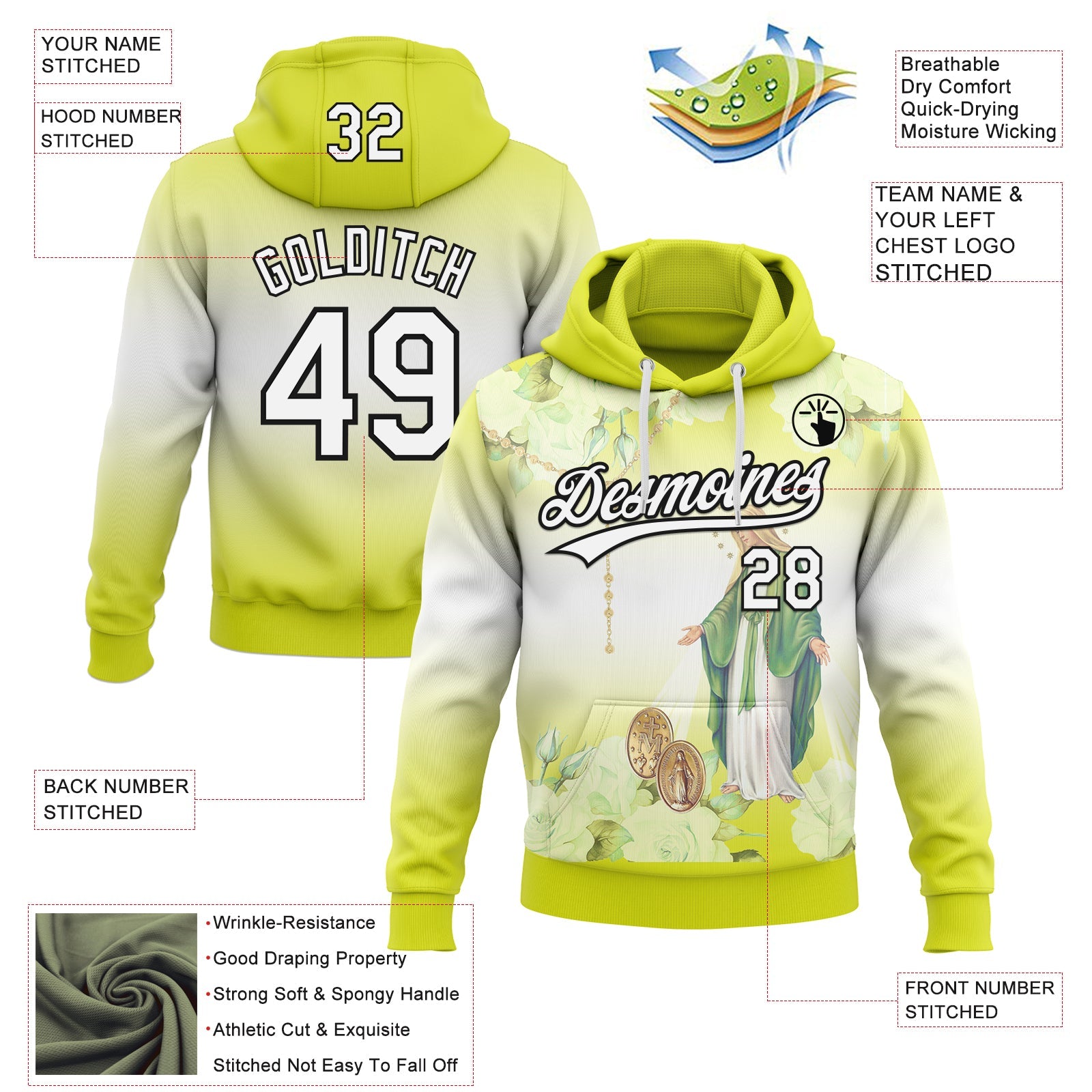 Custom Stitched Neon Yellow White-Black Religion The Virgin Mary Pullover Sweatshirt Hoodie view 4