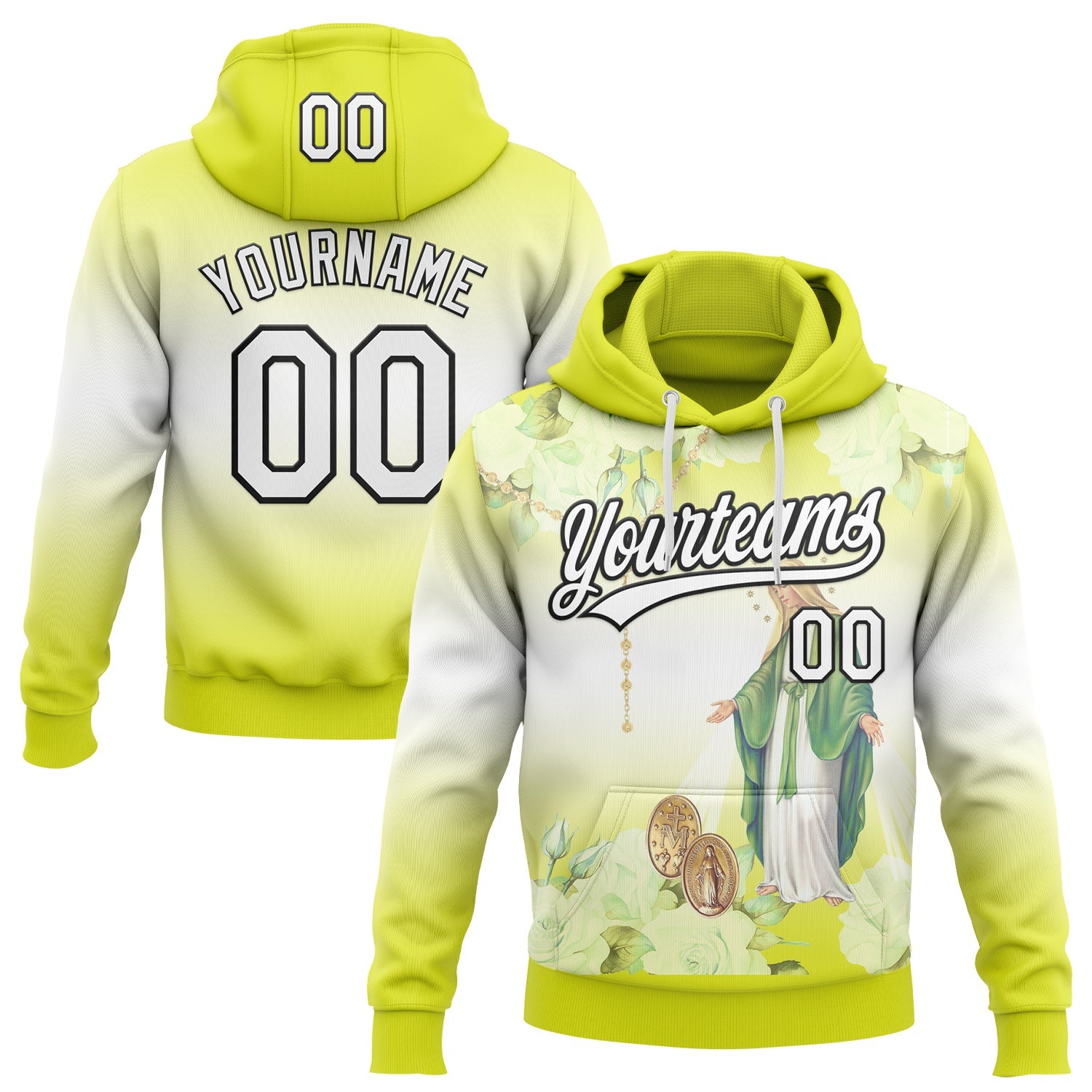 Custom Stitched Neon Yellow White-Black Religion The Virgin Mary Pullover Sweatshirt Hoodie - Main View