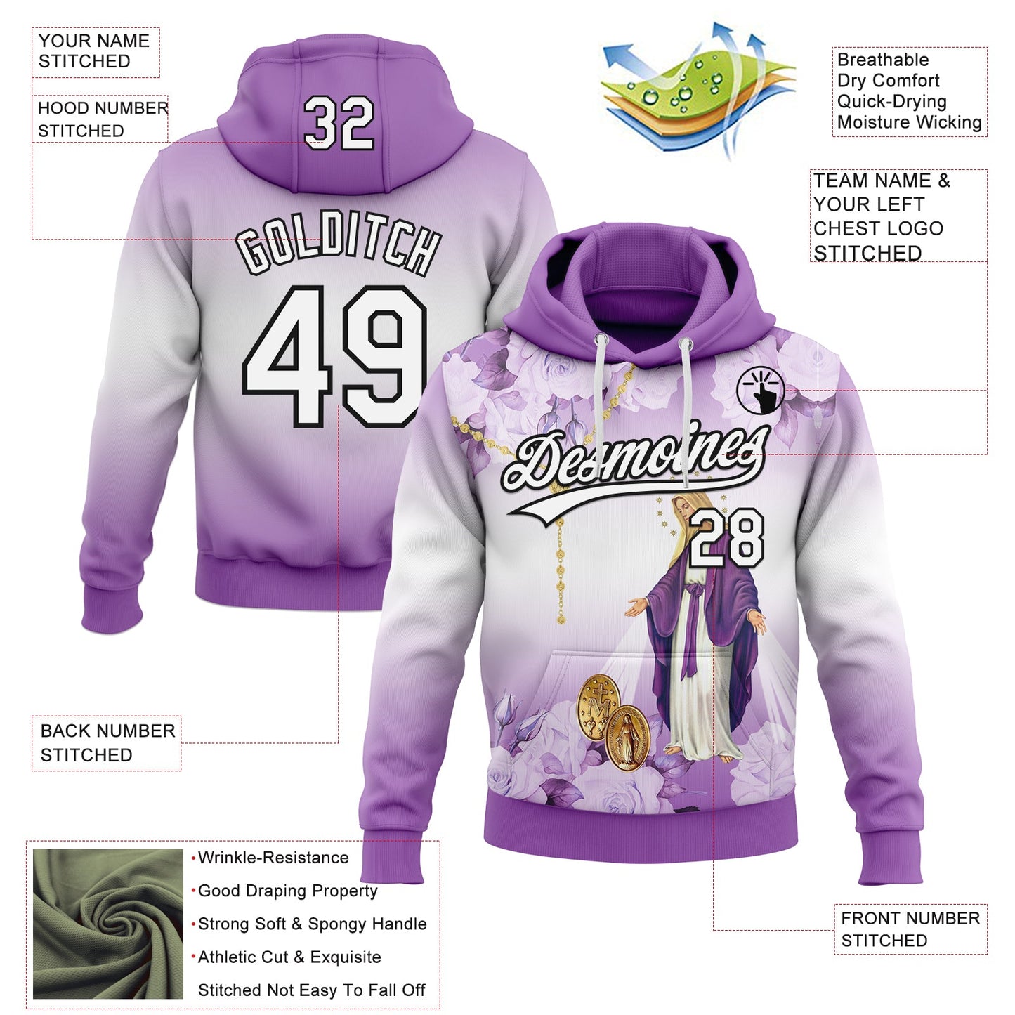 Custom Stitched Medium Purple White-Black Religion The Virgin Mary Pullover Sweatshirt Hoodie view 4