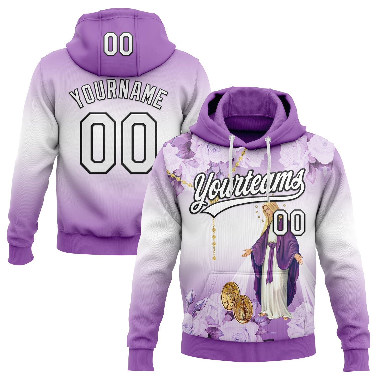 Custom Stitched Medium Purple White-Black Religion The Virgin Mary Pullover Sweatshirt Hoodie - Main View