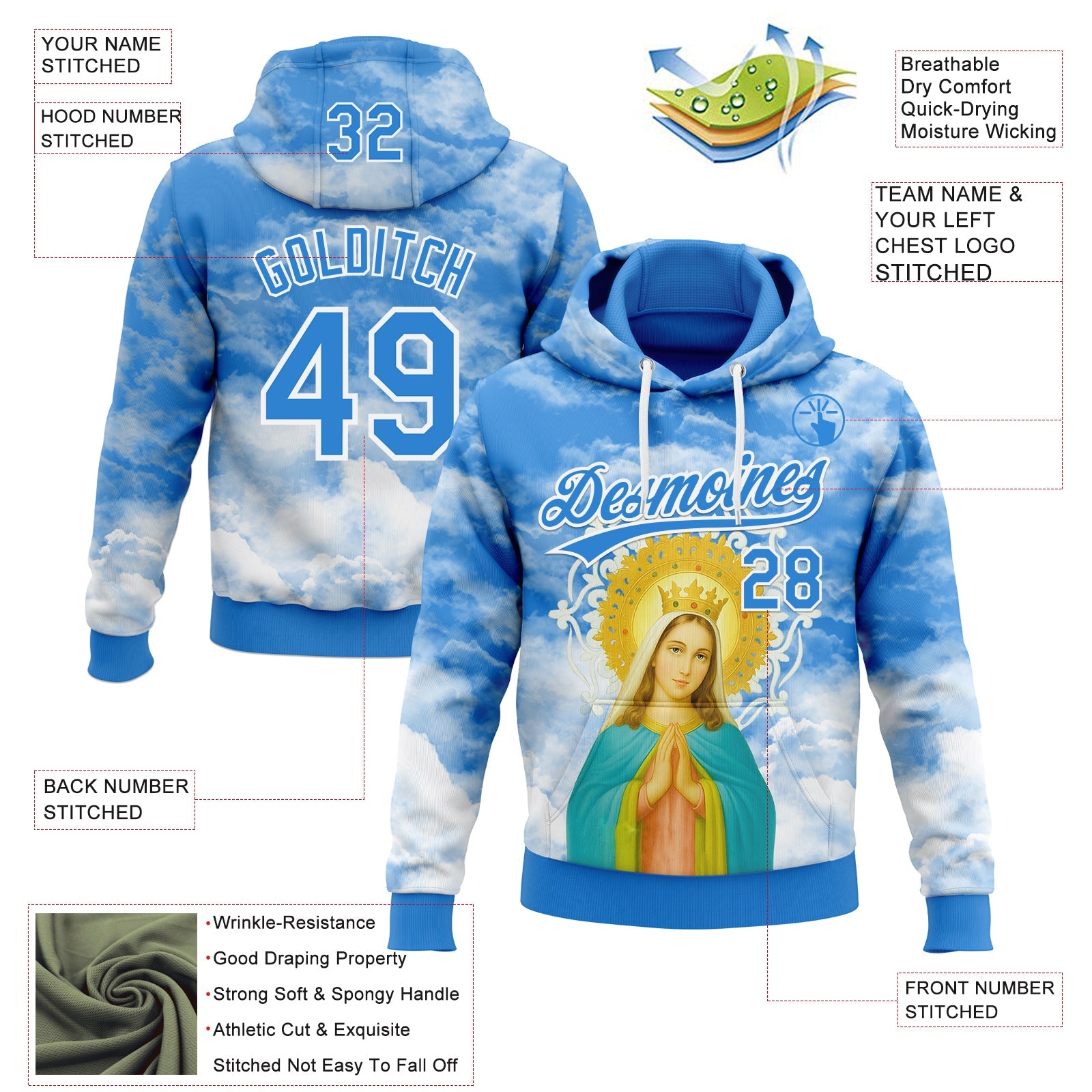 Custom Stitched Powder Blue White Religion The Virgin Mary Pullover Sweatshirt Hoodie view 4
