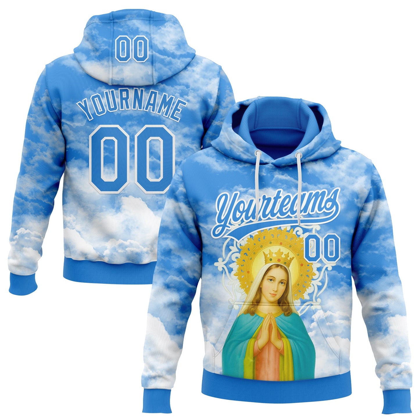 Custom Stitched Powder Blue White Religion The Virgin Mary Pullover Sweatshirt Hoodie - Main View