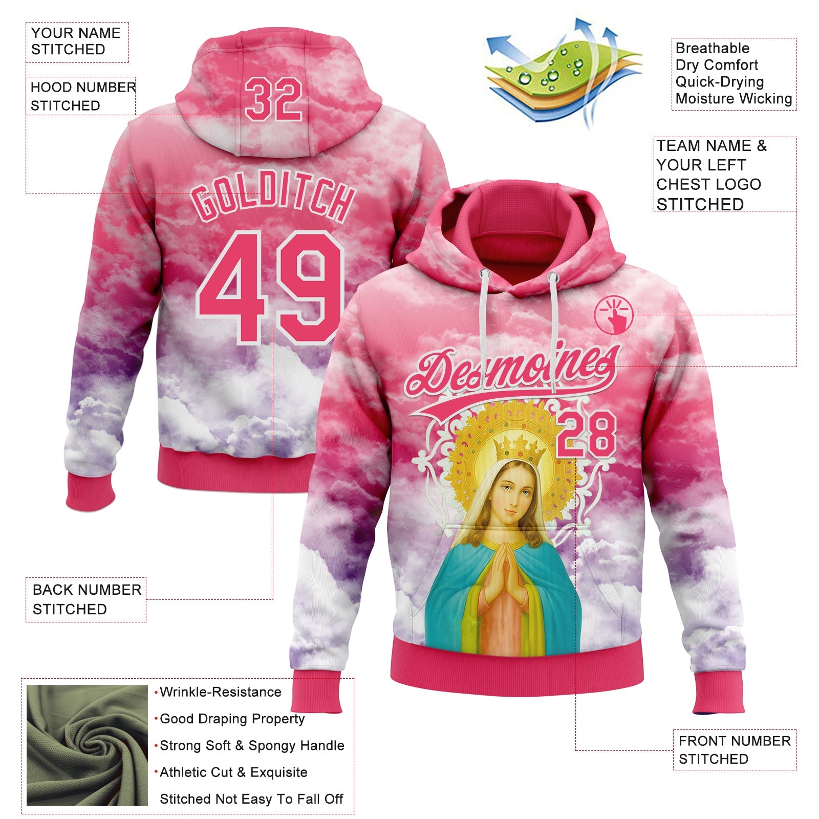 Custom Stitched Neon Pink Purple-White Religion The Virgin Mary Pullover Sweatshirt Hoodie view 4