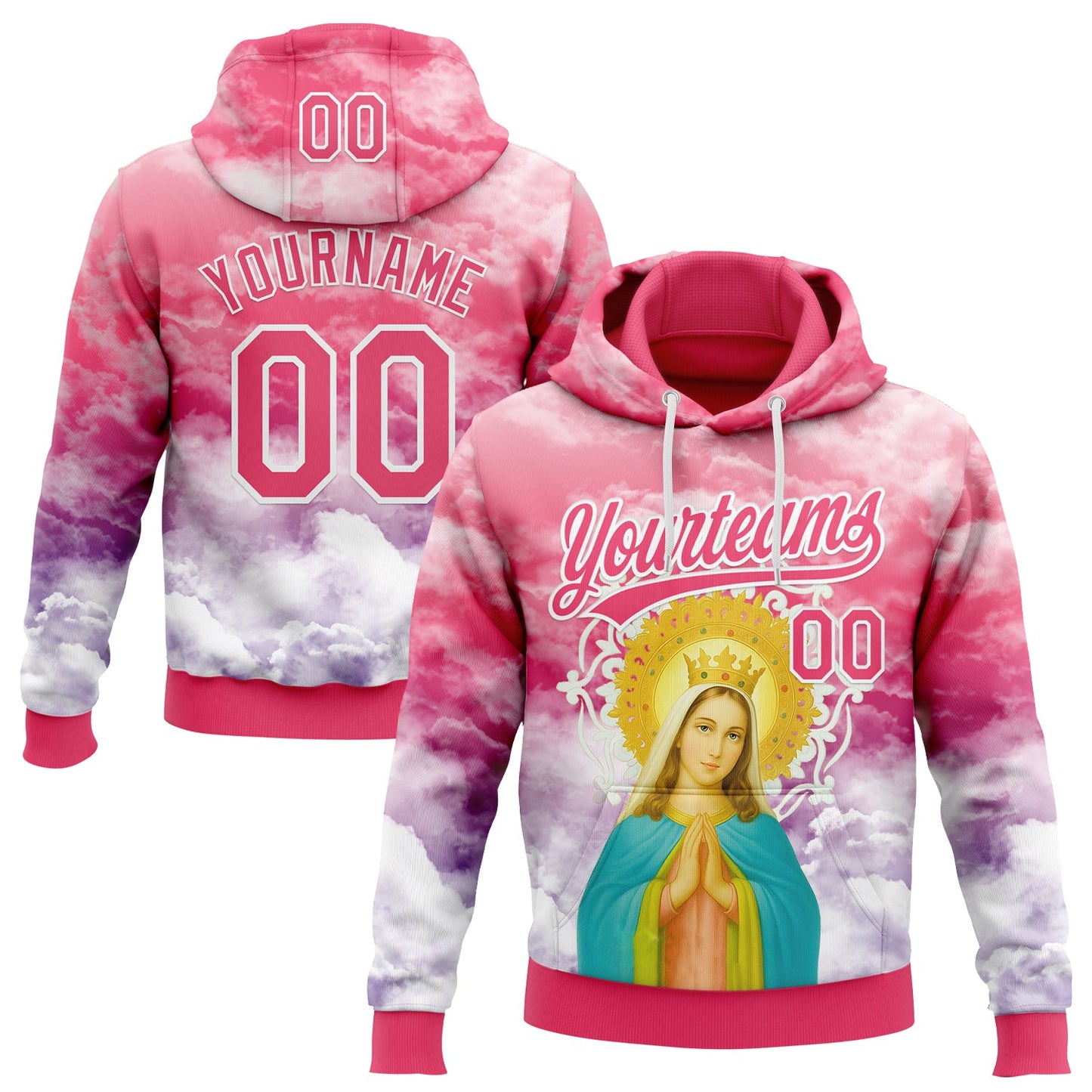 Custom Stitched Neon Pink Purple-White Religion The Virgin Mary Pullover Sweatshirt Hoodie - Main View