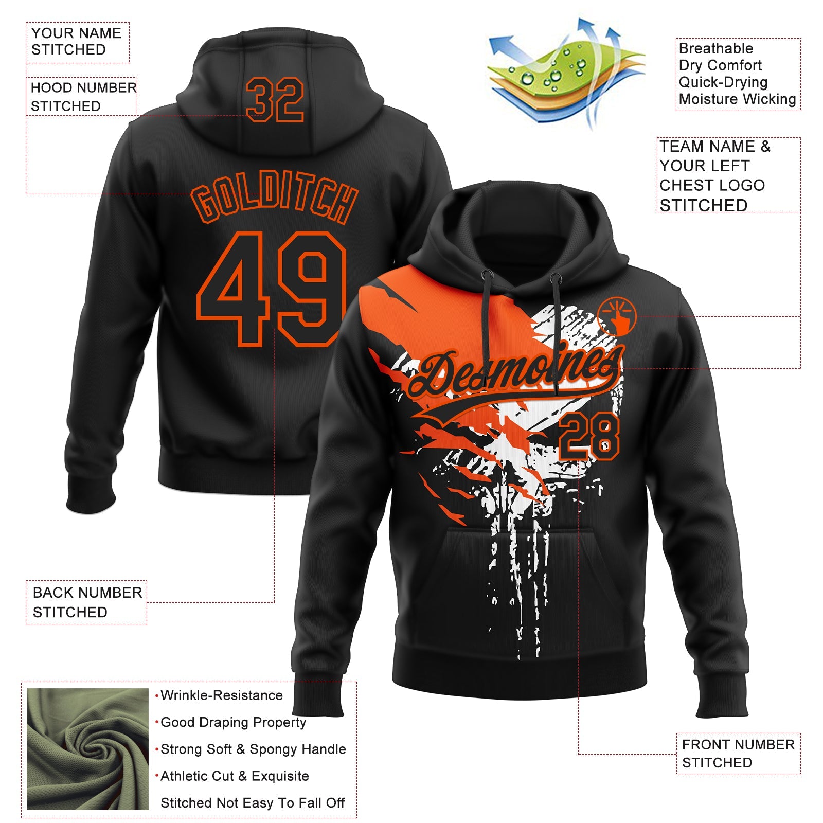 Custom Stitched Black Orange-White Skull Pattern Pullover Sweatshirt Hoodie view 4