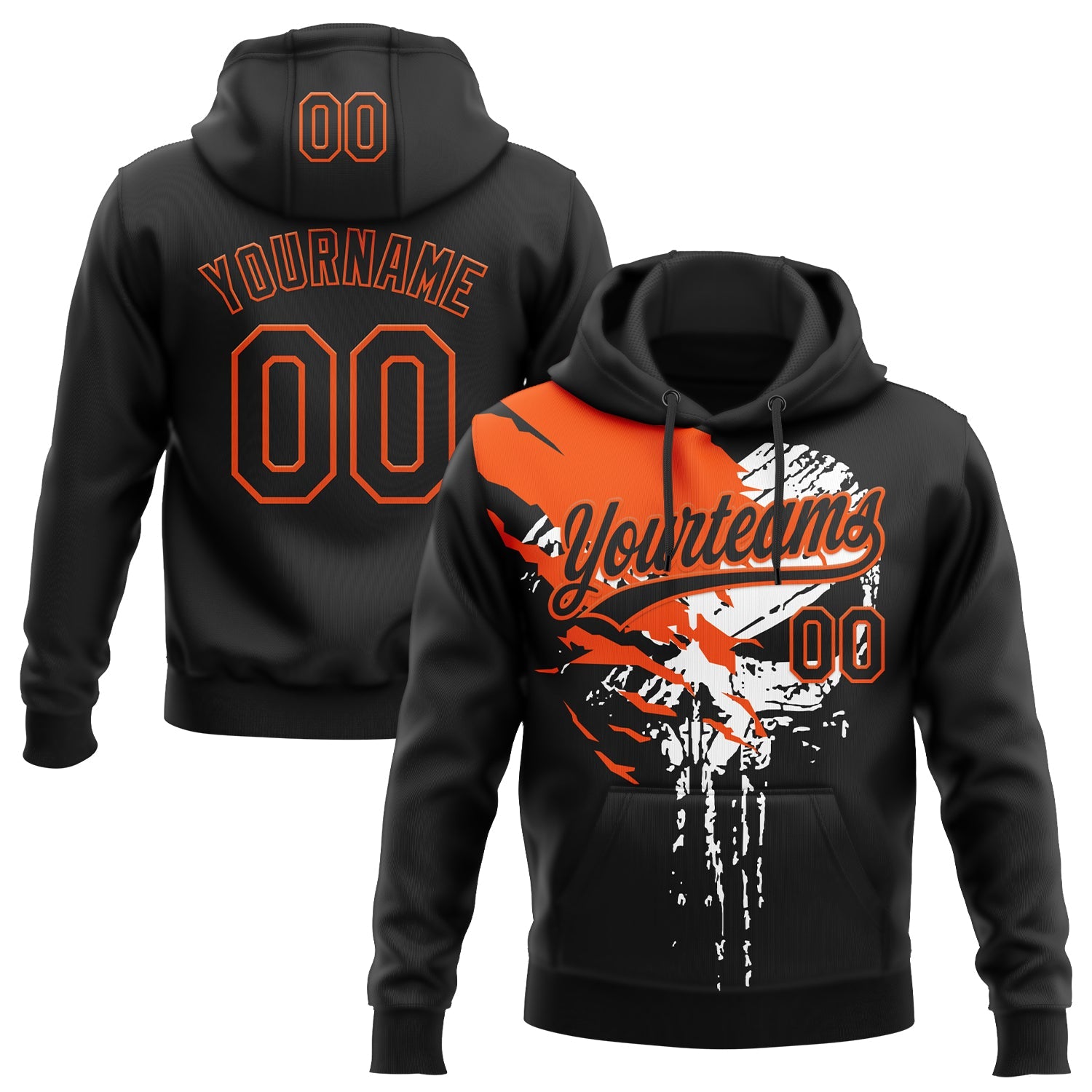 Custom Stitched Black Orange-White Skull Pattern Pullover Sweatshirt Hoodie - Main View