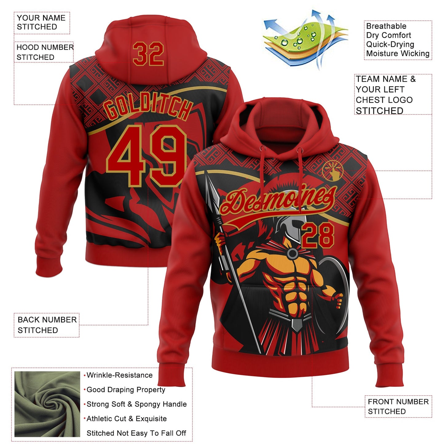 Custom Stitched Red Black-Old Gold Knight Pattern Pullover Sweatshirt Hoodie view 4