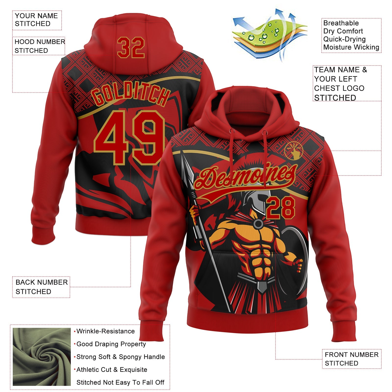 Custom Stitched Red Black-Old Gold Knight Pattern Pullover Sweatshirt Hoodie view 4