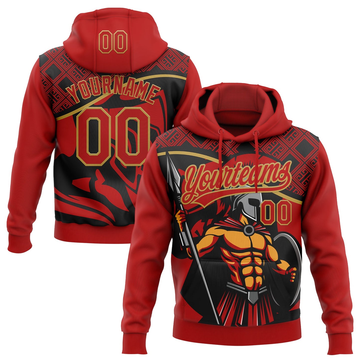 Custom Stitched Red Black-Old Gold Knight Pattern Pullover Sweatshirt Hoodie - Main View