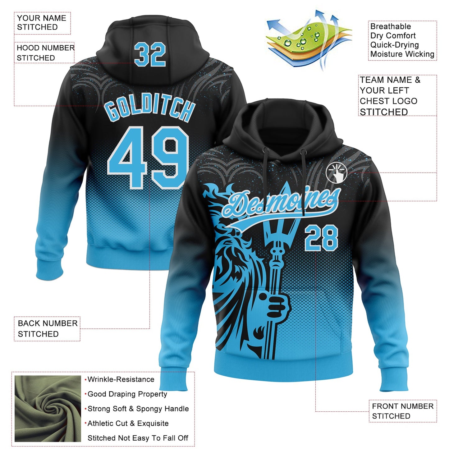 Custom Stitched Black Sky Blue-White Knight Pattern Pullover Sweatshirt Hoodie view 4