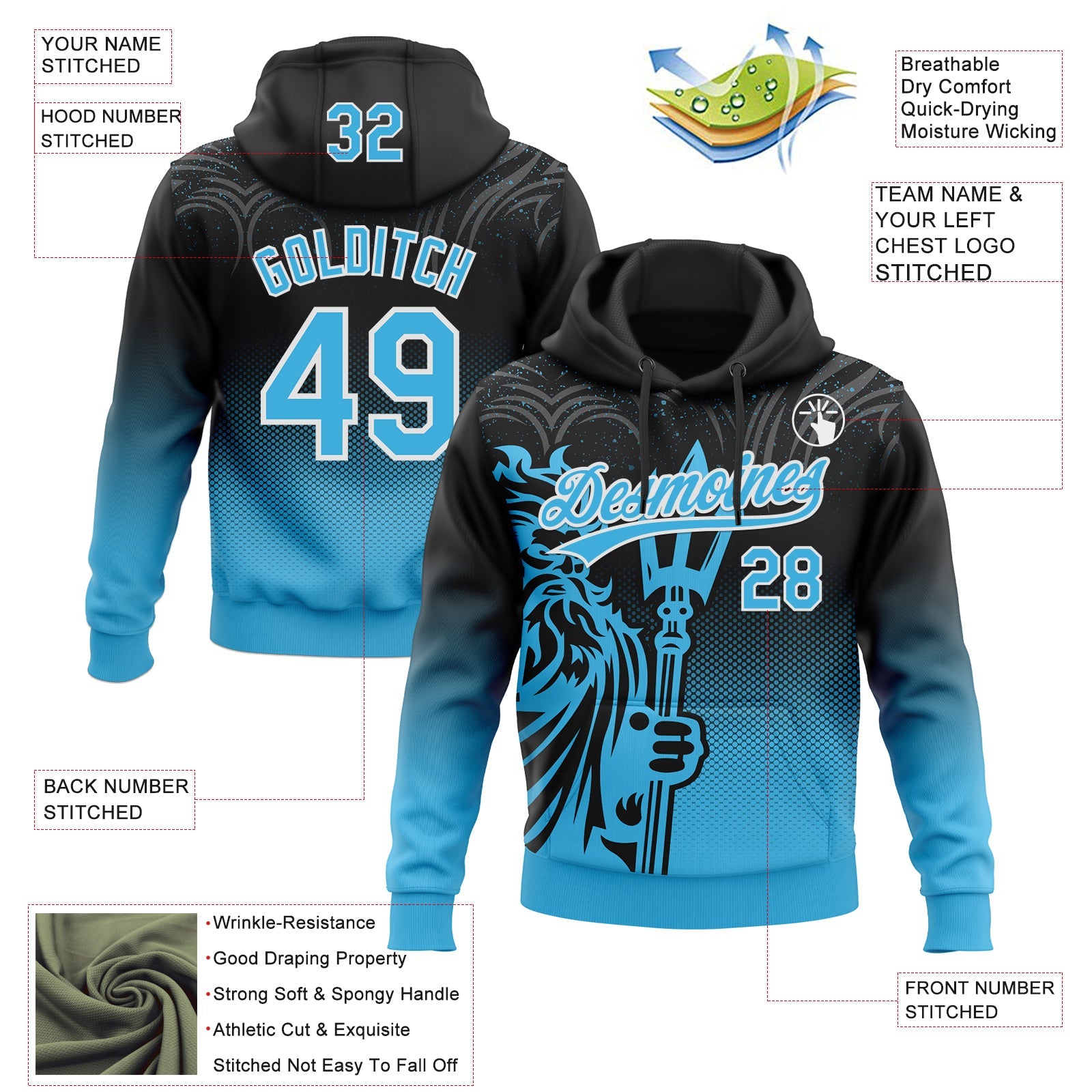 Custom Stitched Black Sky Blue-White Knight Pattern Pullover Sweatshirt Hoodie view 4