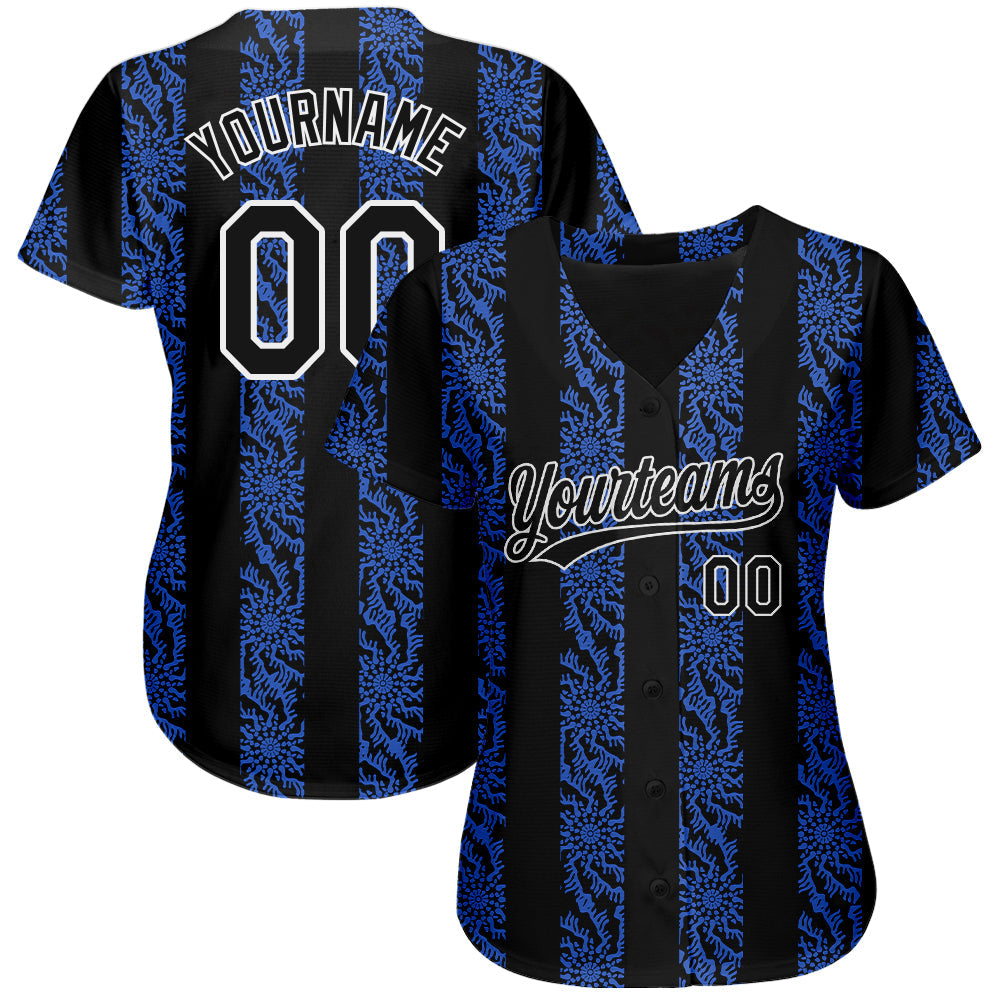 Custom Royal Black-White 3D Pattern Design Authentic Baseball Jersey view 2
