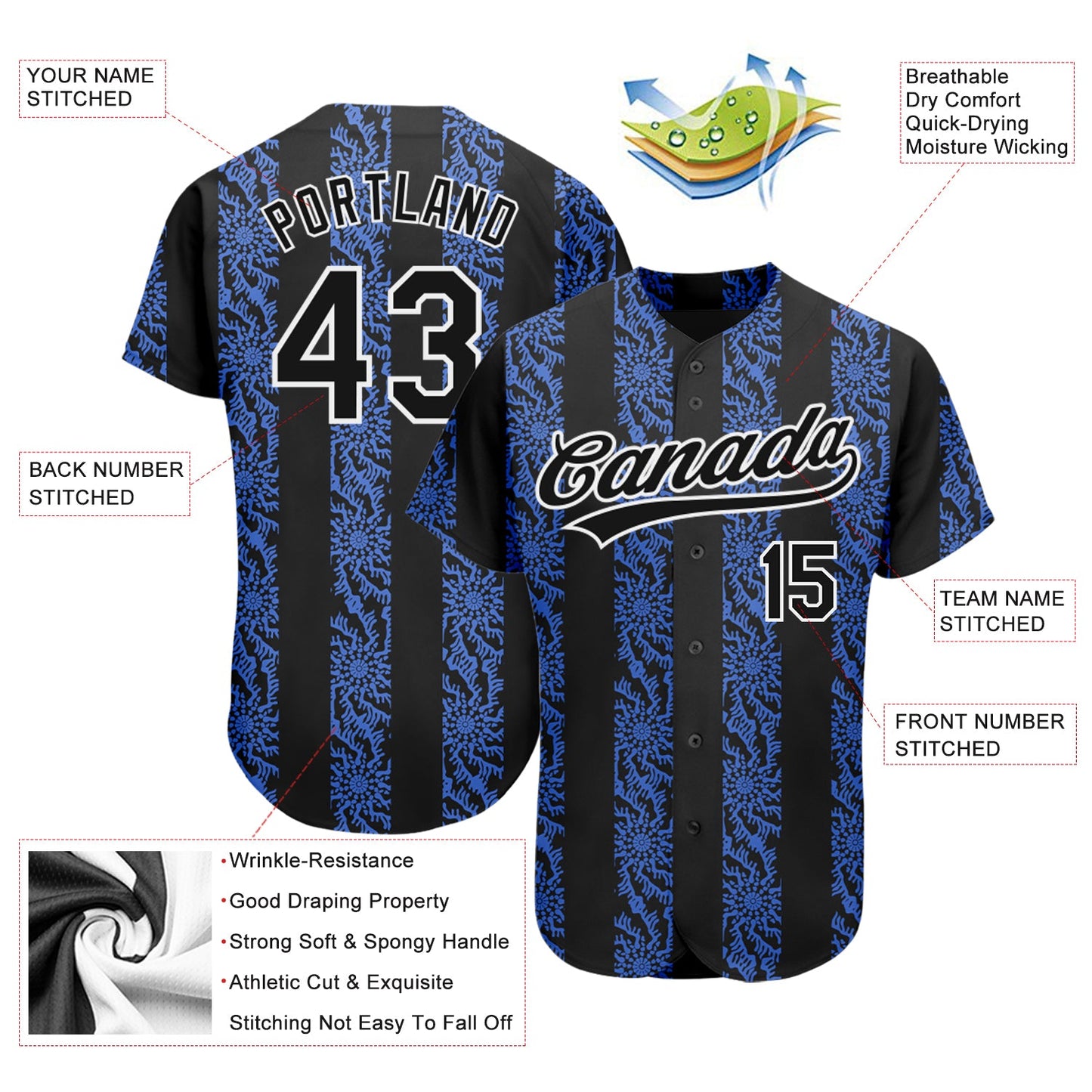 Custom Royal Black-White 3D Pattern Design Authentic Baseball Jersey view 3
