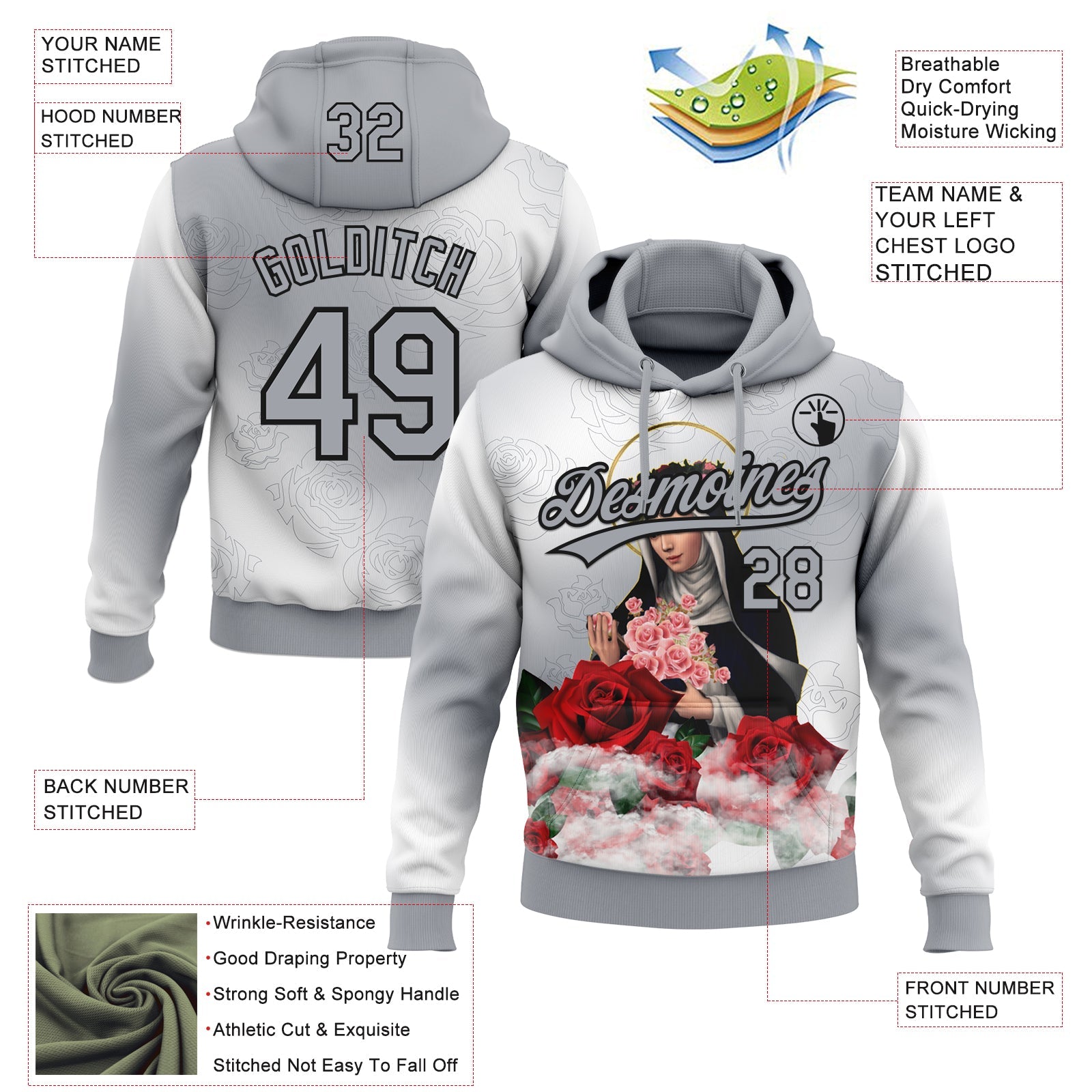 Custom Stitched Gray Black-White Religion The Virgin Mary Pullover Sweatshirt Hoodie view 4