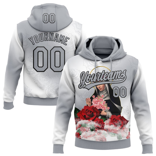 Custom Stitched Gray Black-White Religion The Virgin Mary Pullover Sweatshirt Hoodie - Main View