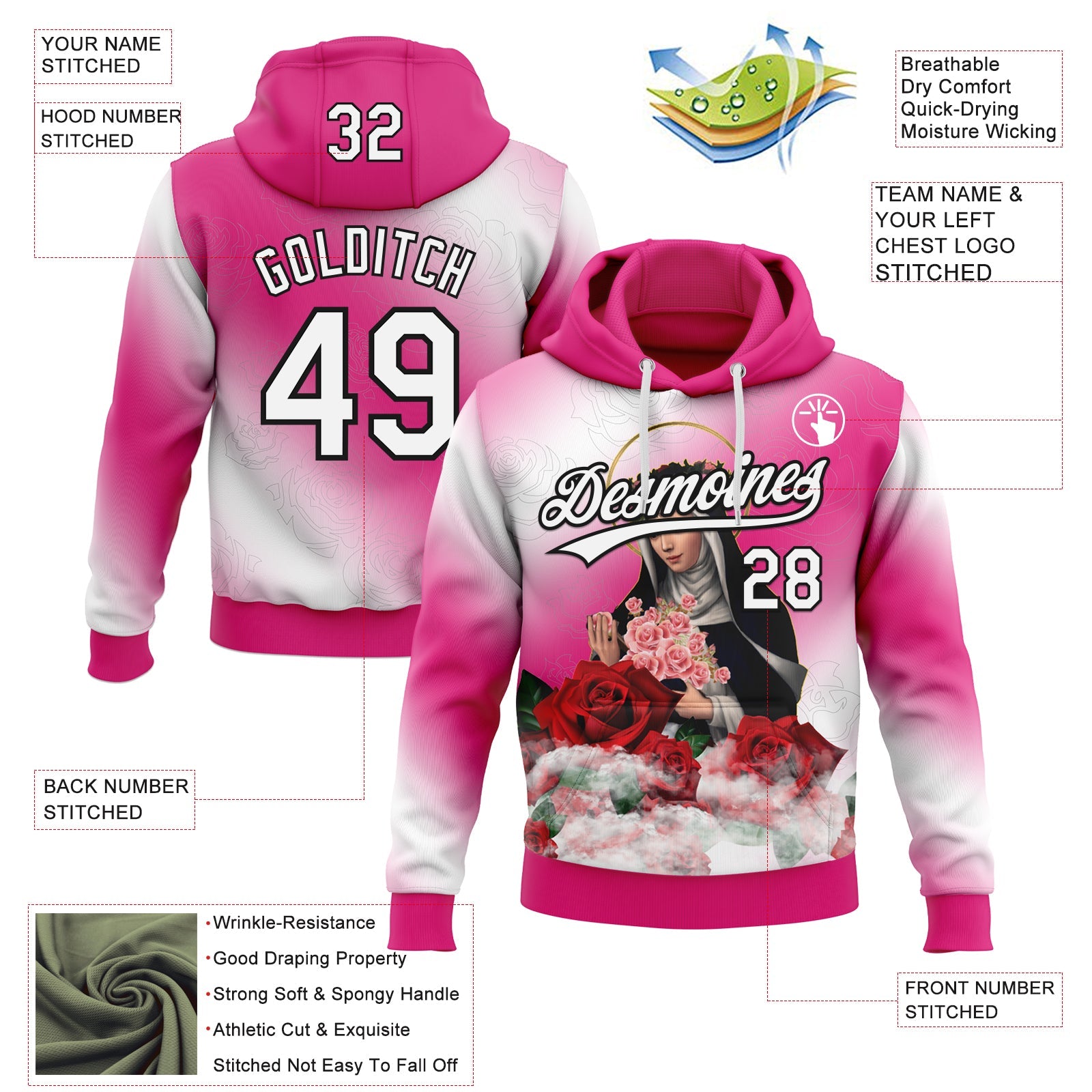 Custom Stitched Hot Pink White-Black Religion The Virgin Mary Pullover Sweatshirt Hoodie view 4