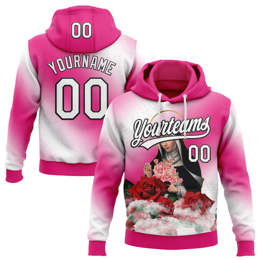Custom Stitched Hot Pink White-Black Religion The Virgin Mary Pullover Sweatshirt Hoodie - Main View