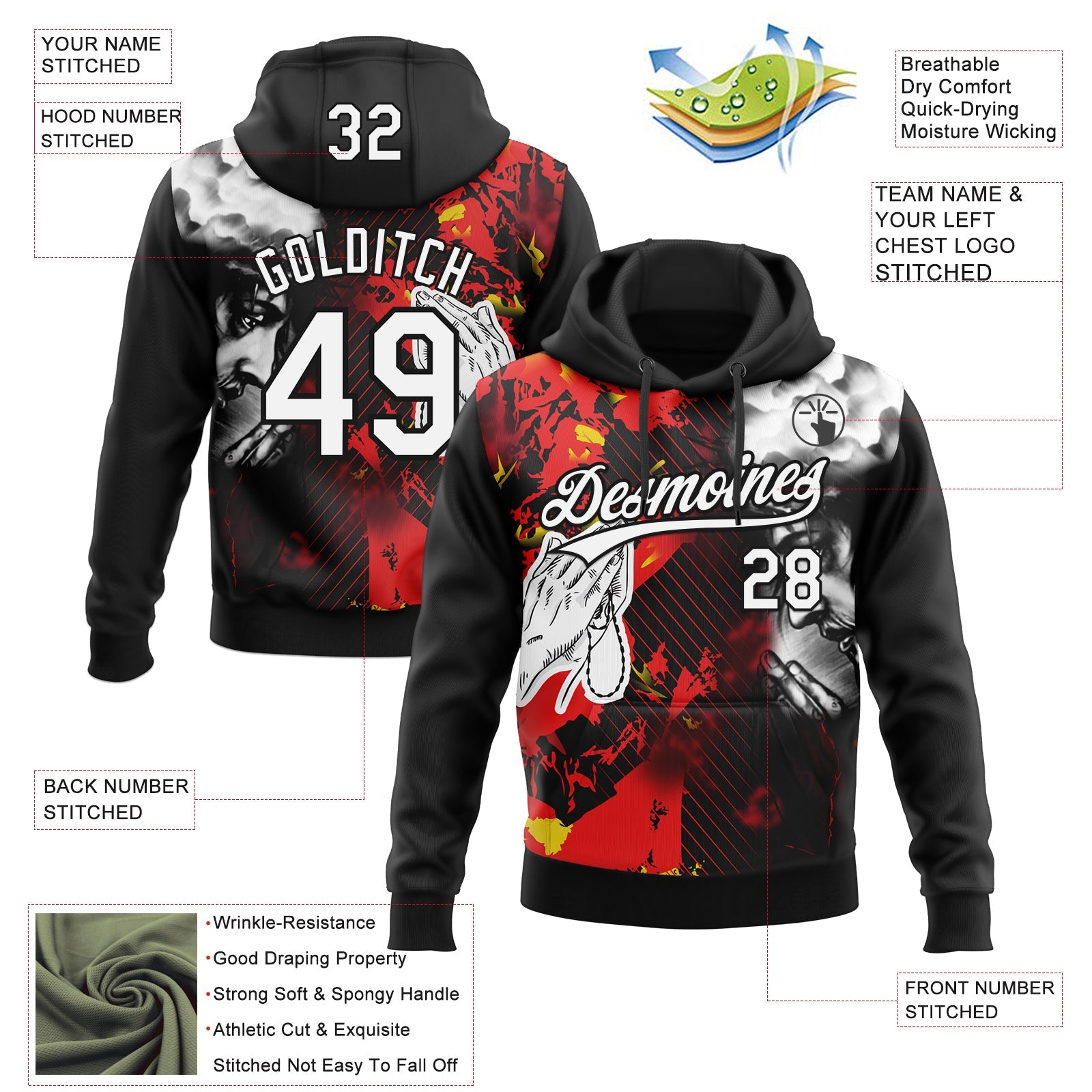 Custom Stitched Black White-Fire Red Religion Praying Hands Pullover Sweatshirt Hoodie view 4
