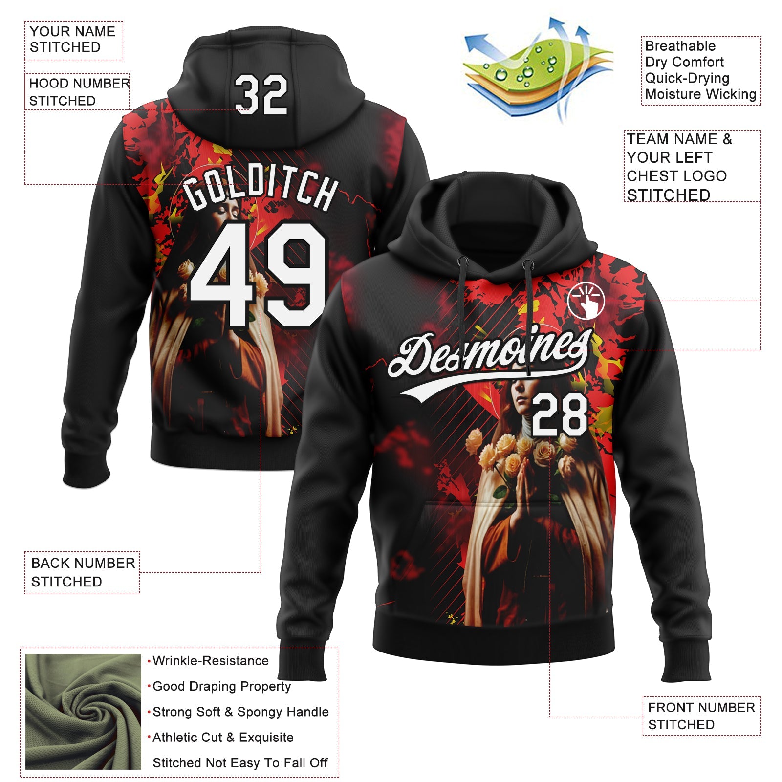 Custom Stitched Black White-Fire Red Religion Praying Hands Pullover Sweatshirt Hoodie view 4