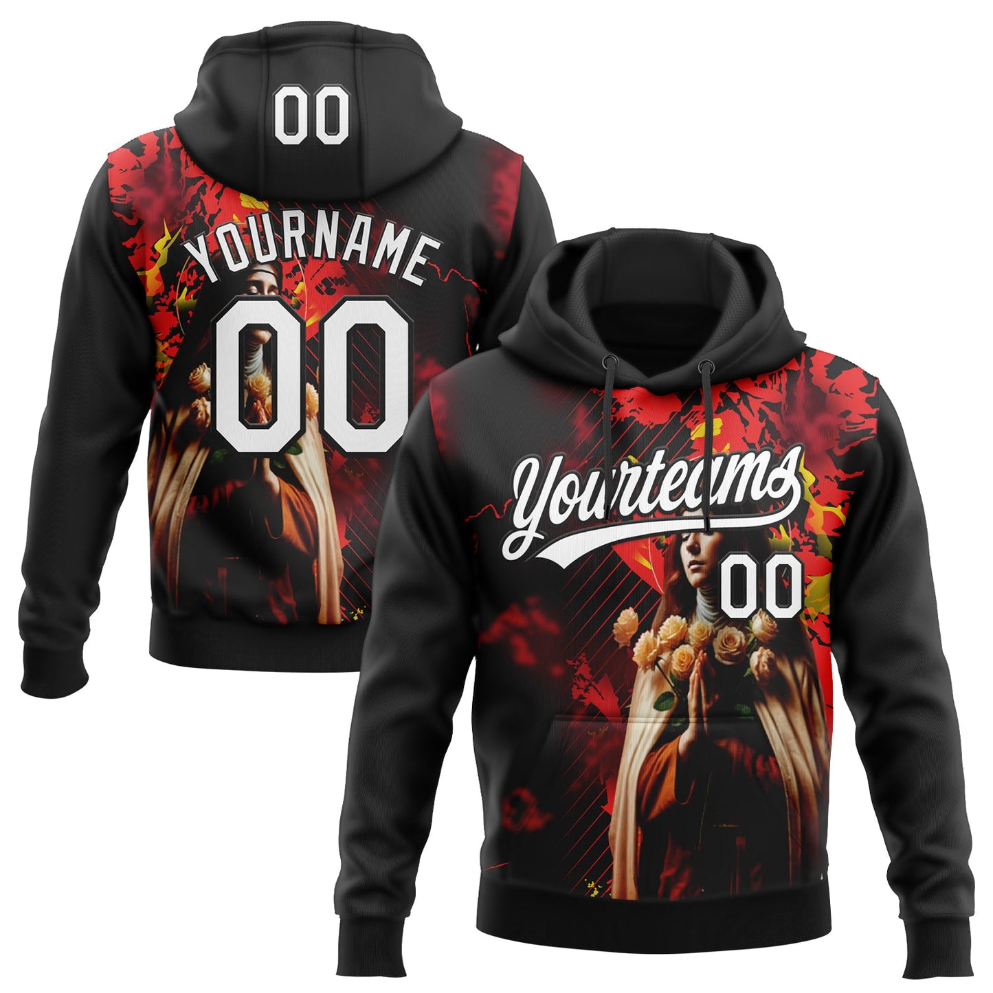 Custom Stitched Black White-Fire Red Religion Praying Hands Pullover Sweatshirt Hoodie - Main View